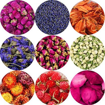 9 Bags Set Dried Flowers Artisan Dried Flower Kit - Candle Making Soap Making DIY Candel Natural Flowers-Lemon,Lavender,Roseleaf,Pink Rose,Red Rose,Jasmine,Rose Petal and More
