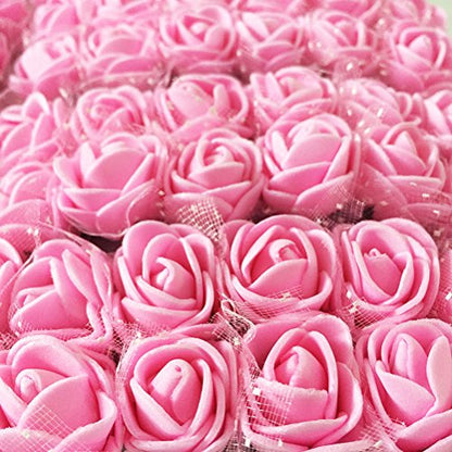 Mini Fake Rose Flower Heads 144pcs Mini Artificial Roses DIY Wedding Flowers Accessories Make Bridal Hair Clips Headbands Dress (Bottom add Gauze) Pink - color: Pink