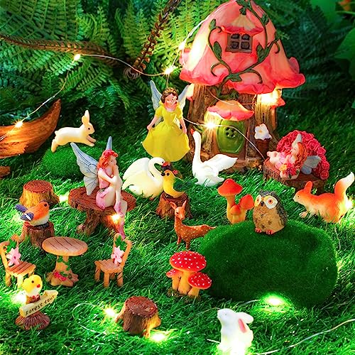 Soaoo Fairy House Garden Figurines Kit Summer Garden Decor Elves Decoration Outdoor Ornaments Animals Butterfly Fairy Mushroom Party Supplies DIY Micro Landscape Dollhouse