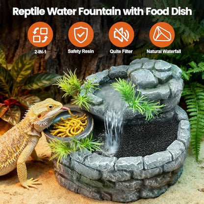 MIXJOY 2 in 1 Reptile Water Fountain with Food Dish 550ML, Terrarium Reptile Waterfall Drinking Fountain, Reptile Water Dispenser for Bearded Dragon Gecko Tree Frog Turtle Chameleon Leopard Lizard