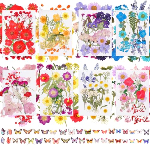 228Pcs Pressed Dried Flowers with Butterfly Stickers for Crafts, Natural Real Dried Pressed Flowers for DIY Art Butterfly Stickers Tweezers for Candle Soap Making, Scrapbook