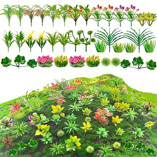 120pcs Mini Model Trees Miniature Plants Set Flowers Green Shrubs Bush Model, Miniature Fairy Garden Aritificial Plants for DIY Train Railroad Park Scenery Architecture