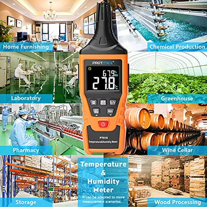 Protmex PT618 Temperature Humidity Meter - Wet Bulb for Indoor/Outdoor | Thermometer Hygrometer Monitor with Ambient, Dew Point, MIN, MAX, Data Hold, LCD Backlight - size: PT618
