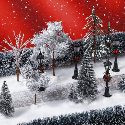 Hotop 18pc Christmas Village Accessories 47.2 Inch Village Roads Mini Snowy Trees Streets Light Lamppost Hedge Figurines Set for Display Winter Holiday Decorations DIY Crafts No Batteries(Trendy) - style: Trendy
