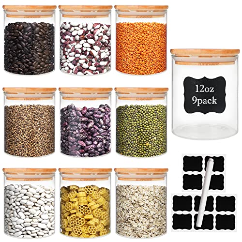 DHSBTLS 9 Pack 12 oz Glass Jars with Airtight Bamboo Lids for Kitchen
