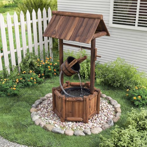 HAPPYGRILL Wishing Well for Outside, Rustic Wood Outdoor Waterfall Fountain | Decorative Wishing Well Planter with Electric Pump & Water Bucket for Yard Garden Backyard Decoration (24" x22"x 44.5") - size: 24" x22"x 44.5"