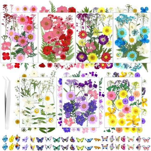 190 Pcs Dried Pressed Flowers for Resin, Real Dried Pressed Flowers for Resin Butterfly Stickers DIY Art with Tweezers Crafts Decorate for Candles Jewelry Nail Crafts - color: Multi Color