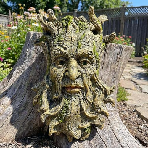10.3" Whimsical Tree Face Sculpture, Garden Peeker Statue, Outdoor Trunk Tree Huggers Art, Landscape Accent Ornament, Hanging Fairy Elve Figurine for Yard Art, Trees Decor Wall Mounted Statues - color: Yellow 458
