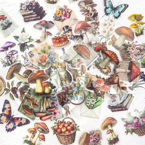 YOKSAS 50PCS Vintage Nature Mushroom Clear Scrapbook Stickers – Retro Botanical Fairycore Stickers for Journaling, Planners, Crafts, Cards & Art Projects - color: Vintage Mushroom