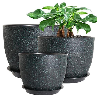 UOUZ 12/10/9 Large Modern Plant Pots, Plastic Planters with Drainage Holes and Saucers for Indoor Outdoor Plants Flowers, Black with Green Speckles - color: Black With Green Speckles