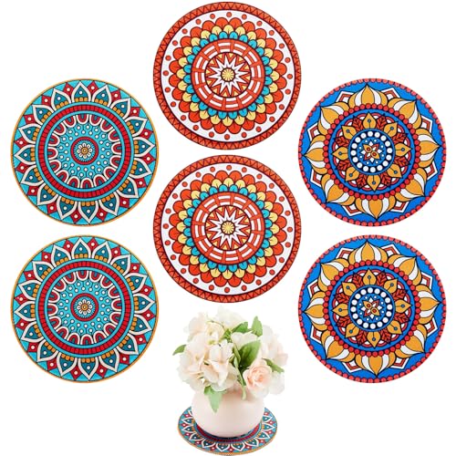 Nuanchu 6 Pieces Boho Plant Coasters 5.9 Inch Rubber Absorbent Non Slip Plant Pot Mats for Gardening Indoor Outdoor Round Bohemian Mandala Decorative Plants Saucers for Table Floor Protection Home - color: Multicolor, size: 6 Inch