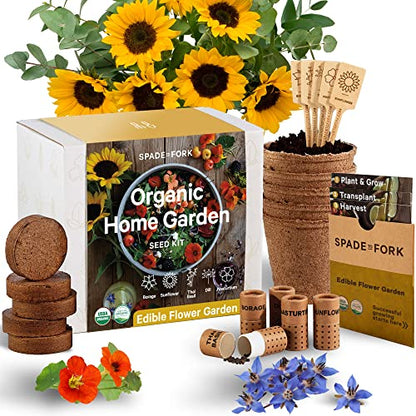 Organic Edible Flower Garden Seed Kit - 23pc Indoor Garden with Soil, Pots, Plant Markers, USDA Organic Non-GMO Seeds & Illustrated Instructions - Sunflower, Borage, Thai Basil, Dill, Nasturtium - style: Edible Flower Garden Kit