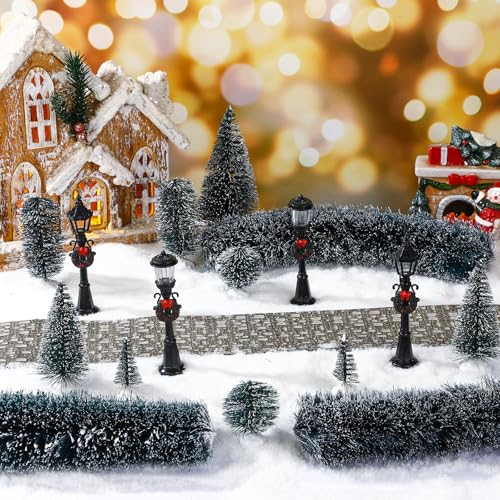 Hotop 18pc Christmas Village Accessories 47.2 Inch Village Roads Mini Snowy Trees Streets Light Lamppost Hedge Figurines Set for Display Winter Holiday Decorations DIY Crafts No Batteries(Cool) - style: Cool