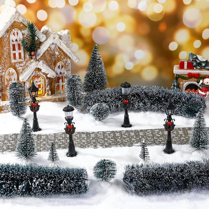 Hotop 18pc Christmas Village Accessories 47.2 Inch Village Roads Mini Snowy Trees Streets Light Lamppost Hedge Figurines Set for Display Winter Holiday Decorations DIY Crafts No Batteries(Cool) - style: Cool
