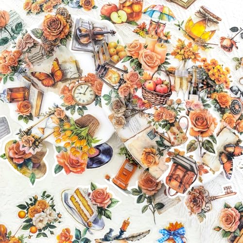 50 PCS Vintage Orange Rose Floral Scrapbook Stickers, Clear Watercolor Fall Aesthetic Stickers for Journaling, Resin Crafts, Cards, Planners, Retro Autumn Decor - color: Orange Rose