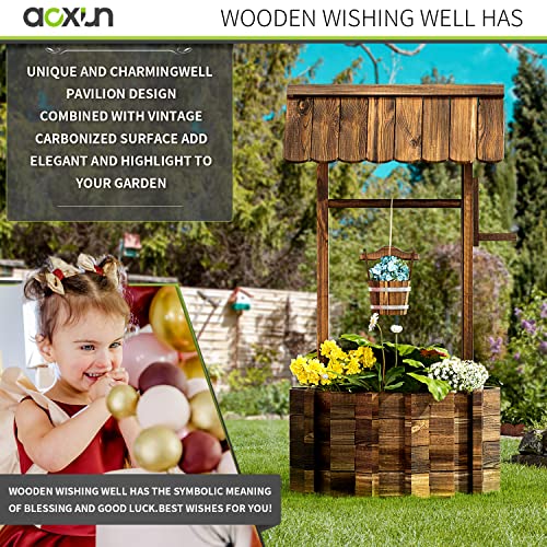 Aoxun 22" Wooden Wishing Well Planters with Hanging Bucket | Garden Helper, Rustic Garden Decor for Outside, Yard, and Patio, Upgrade Reinforced Base, Brown - size: 22" w/ Reinforced Rod