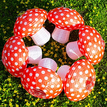 6Pcs Mushroom Lantern, 3D Mushroom Ornament Wonderland Theme Party Supplies for Nursery Garden Christmas Halloween Party Decoration 7.89 x 7.29inch(Orange-red) - size: 7.9