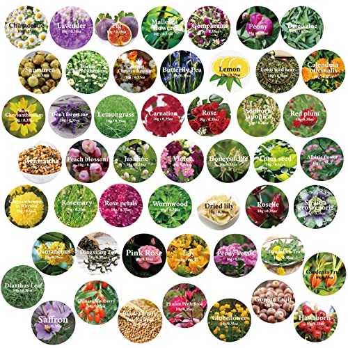 SACATR Dried Flowers, 50 Bags 100% Natural Dried Herbs Kit for Soap Making, Candle, Resin Jewelry Making, Bath, Nail - Include Rose Petals, Rosebuds, Lilium, Jasmine, Don't Forget Me and More - color: 50 Bags*10g