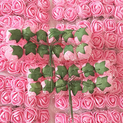 Mini Fake Rose Flower Heads 144pcs Mini Artificial Roses DIY Wedding Flowers Accessories Make Bridal Hair Clips Headbands Dress (Bottom add Gauze) Pink - color: Pink