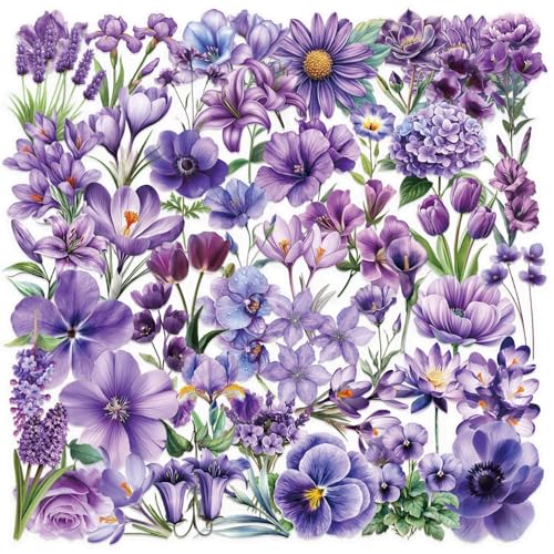 50pcs Purple Flower Transparent Stickers for Scrapbooking – Aesthetic Watercolor Floral Sticker Pack for Journaling, Resin Crafts, Laptop, Clear Botanical Decals - color: Purple Floral