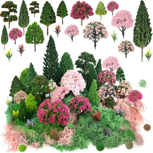 Mixed Model Trees, Model Train Scenery, 37Pcs, Miniature Trees with Moss for Building Model, Natural Green Landscape, Railroad Scenery