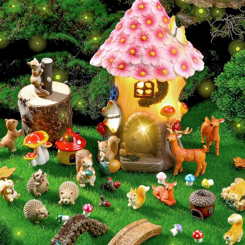 Unittype 33 Pcs Squirrel Garden Accessories Miniature Squirrel Figurines Tiny Resin Bridge Mushroom Pine Nuts Miniature Garden Kit for Craft Decoration - style: Squirrel