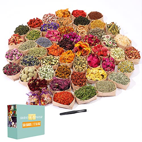 SACATR Dried Flowers, 50 Bags 100% Natural Dried Herbs Kit for Soap Making, Candle, Resin Jewelry Making, Bath, Nail - Include Rose Petals, Rosebuds, Lilium, Jasmine, Don't Forget Me and More - color: 50 Bags*10g