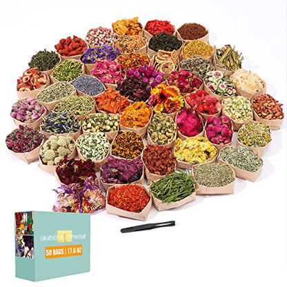 SACATR Dried Flowers, 50 Bags 100% Natural Dried Herbs Kit for Soap Making, Candle, Resin Jewelry Making, Bath, Nail - Include Rose Petals, Rosebuds, Lilium, Jasmine, Don't Forget Me and More - color: 50 Bags*10g