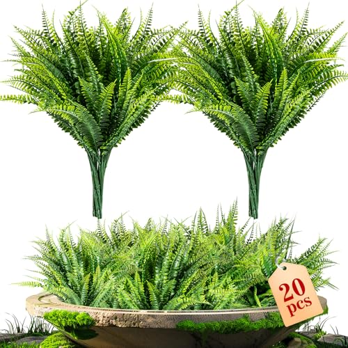 MAQIHAN 20PCS Fake Fern for Outdoor - Artificial Boston Fern Stems Decor | Realistic Fake Greenery for Large Planters, Vase, Porch, Patio, Garden Decor, Faux Plants for Indoor, Outdoor Home Decoration