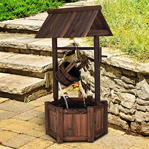Giantex Wishing Well Water Fountain Outdoor, Rustic Wooden Waterfall Fountain with Electric Pump, Water Bucket, Freestanding Decorative Wishing Well Water Feature for Backyard Patio Garden Lawn