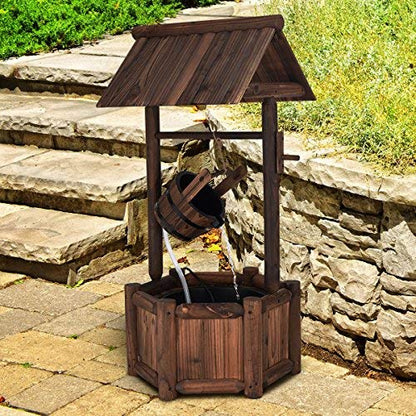 Giantex Wishing Well Water Fountain Outdoor, Rustic Wooden Waterfall Fountain with Electric Pump, Water Bucket, Freestanding Decorative Wishing Well Water Feature for Backyard Patio Garden Lawn
