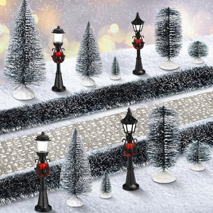 Hotop 18pc Christmas Village Accessories 47.2 Inch Village Roads Mini Snowy Trees Streets Light Lamppost Hedge Figurines Set for Display Winter Holiday Decorations DIY Crafts No Batteries(Cool) - style: Cool