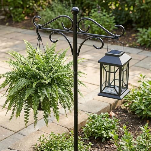 76" Double Shepherds Hooks for Outdoor | Bird Feeder Pole with 5 Prong Base, Metal Hooks for Hanging Plant Baskets, Solar Lanterns & Hummingbird Feeders - size: 76 Inch