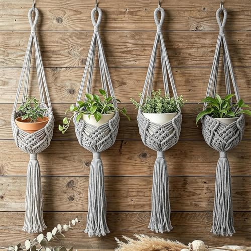 Hanging Planter with Patterns, Macrame Plant Hangers Indoor Macrame for up to 8 inch Pot Crochet Boho Plant Hanger Holder for Indoor Outdoor (Grey, 90cm) - color: Gray