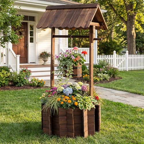 Giantex Wooden Wishing Well Planter with Hanging Bucket, Carbonized Fir Wood Outdoor Garden Planter for Flowers, Rustic Decorative Flower Pot for Yard Patio Deck Home Decor
