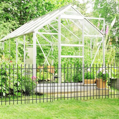 Decorative Metal Garden Fence with Gate 36" x 10', Dog Fence Outdoor | 1 Gate + 4 panels, Wrought Iron Fencing with Stakes for Yard & Backyard, No-Dig Fence with Roman Column Decor, Black - size: 36″H x 10ft (1Gate+4Panels)