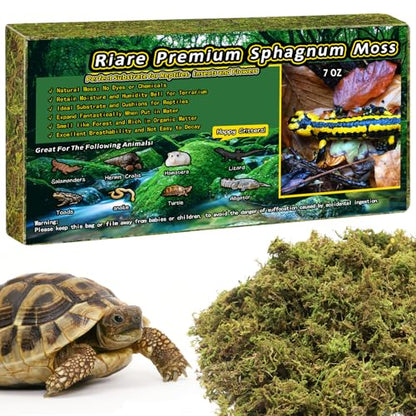 Riare 7 OZ Natural Sphagnum Moss for Reptiles, Terrarium Substrate Bedding | High Expansion, Moisture Retention, Helps Shedding, Long Fibered Dried Moss for Leopard Gecko, Snake, Frog, Turtle - color: 7 OZ