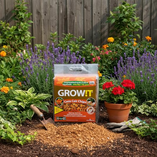 GROW!T JSCC2 - Organic Coco Coir Planting Chips (9 LBs), Block - Promotes Growth tropical flowers and plants, Perfect for indoor or outdoor usage - style: Coir Planting Chips, Block