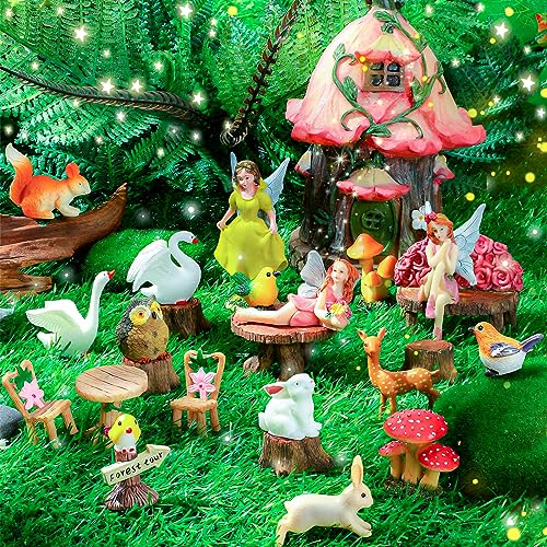 Soaoo Fairy House Garden Figurines Kit Summer Garden Decor Elves Decoration Outdoor Ornaments Animals Butterfly Fairy Mushroom Party Supplies DIY Micro Landscape Dollhouse
