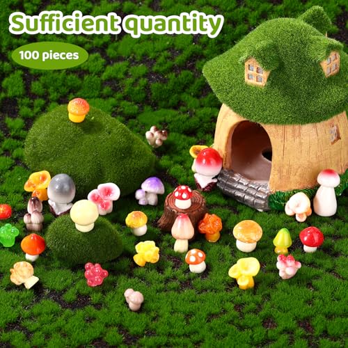 100pcs Mini Resin Mushrooms, 50 Style Tiny Small Fake Mushrooms Figurines Miniature Figures Trinkets Toy Decorations for Vase Filler Micro Landscape Mini Garden Dollhouse Terrarium Decor Accessories
