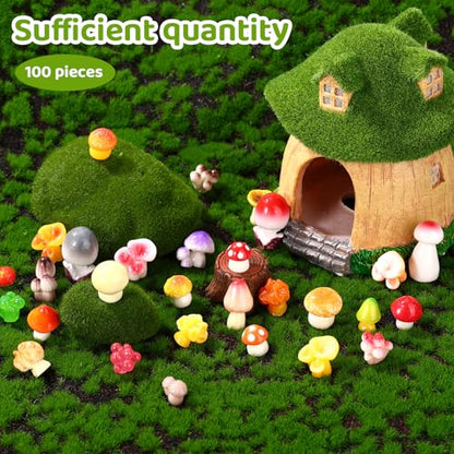 100pcs Mini Resin Mushrooms, 50 Style Tiny Small Fake Mushrooms Figurines Miniature Figures Trinkets Toy Decorations for Vase Filler Micro Landscape Mini Garden Dollhouse Terrarium Decor Accessories