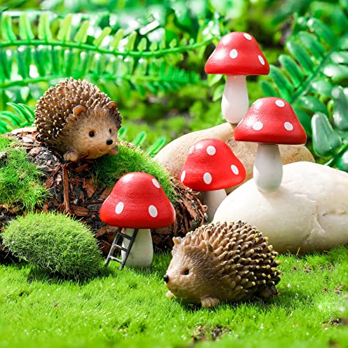 Queekay Fairy Garden Hedgehog Miniature Figurines, Resin Mushroom Decor | Hedgehog & Mushroom Set, Plant Pot Bonsai Accent, Miniature Fairy Garden Figurines, Resin Craft, Indoor Outdoor Scene