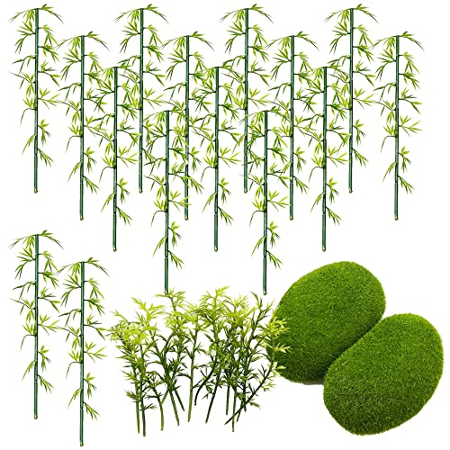Woohome Model Bamboo Trees, 30 PCS Miniature Bamboo Trees Landscape Green Plastic Bamboo Trees and 2 PCS Artificial Moss Rocks Fake Moss Rocks for Home Decoration, Fairy Gardens - color: 30 PCS