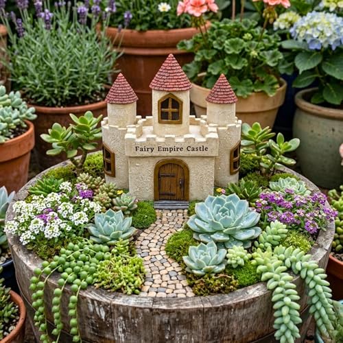 PRETMANNS Fairy Garden Castle House for Outside - Large, Door Opens | Hand-painted resin castle; door opens; water-resistant; large, stands 9 inches; sturdy outdoor and indoor decor