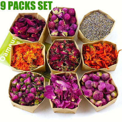 9 Bags Set Dried Flowers - Candle Making Soap Making DIY Candel Natural Flowers-,Lily,Don't Forget Me,Lavender,Mint Leaf,Rose Petal, Red Rose,Globe Amaranth,Chrysanthemum. - color: Stylea 9 Bags*0.3oz