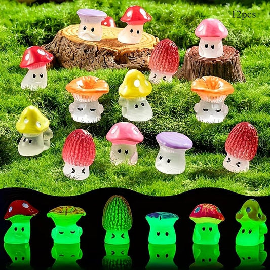12pcs Glow in The Dark Mushroom Miniatures, Resin Fairy Garden Accessories, Luminous Mushroom Figurines for Micro Landscape, Terrarium Decor, DIY Crafts, Mini Garden Decoration, Home Holiday Decor