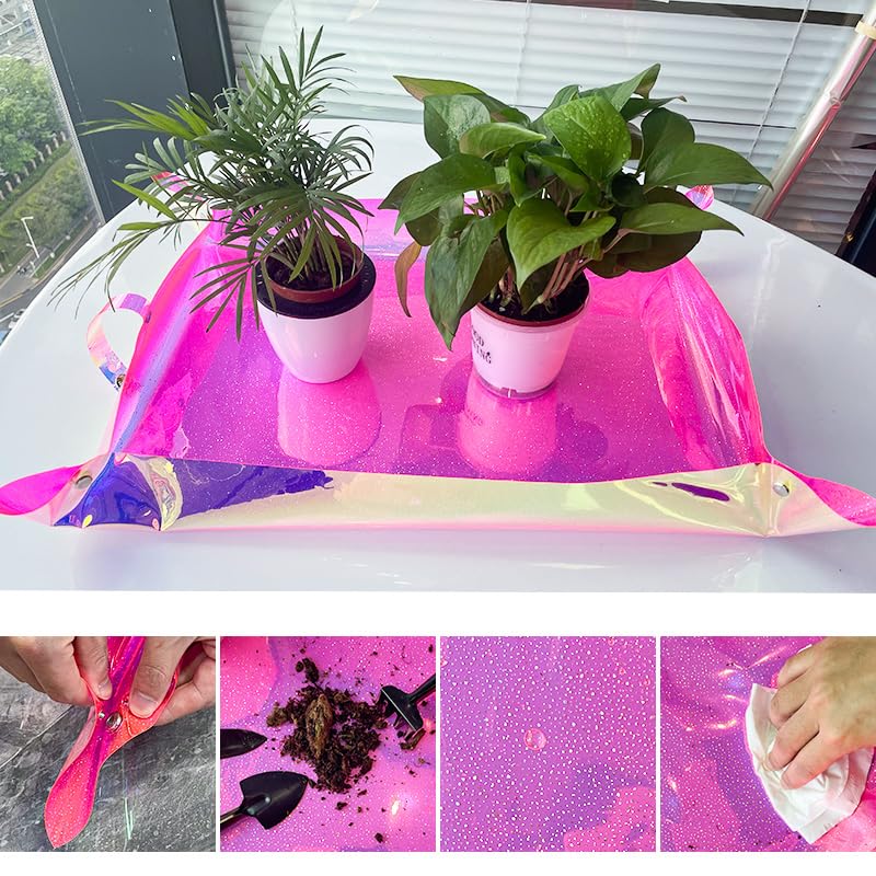 Kasepie Pink PVC Plant Repotting Mat, 19x27 Inch, Foldable Dirt Control Tray for Indoor Transplanting, Gardening Gift for Women and Men (Pink+Rectangle Pattern) - color: Pink+rectangle Pattern
