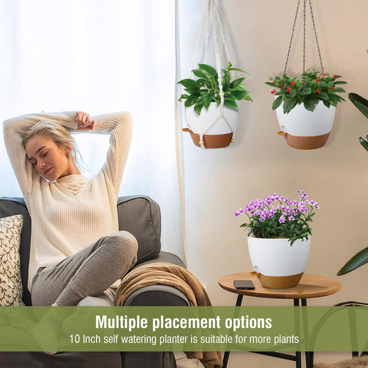 Meowell 10 inch Self Watering Hanging Planters, 2 Pack Hanging Baskets for Indoor Outdoor Plants, Hanging Flower Pots with Drainage Holes & 2 Kinds of Plant Hangers for Garden Home Décor, White Brown - color: White With Brown