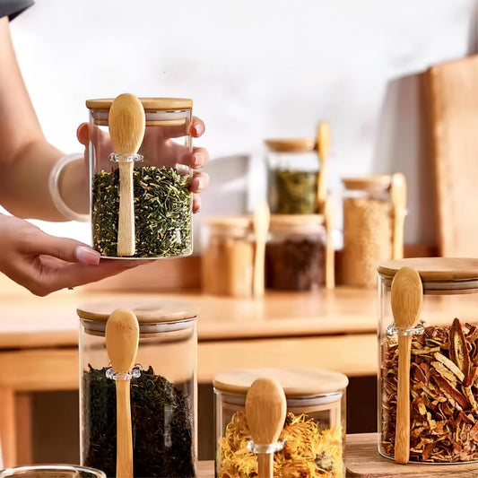 15 oz/450 ml Glass Storage Canister with with Airtight Lid, Cute Clear Decorative Container Jar with Wooden Spoon for Coffee Spice Candy Salt Cookie Condiment Sugar Matcha Tea Overnight Oats - color: 15 oz/450 ml | 1pcs